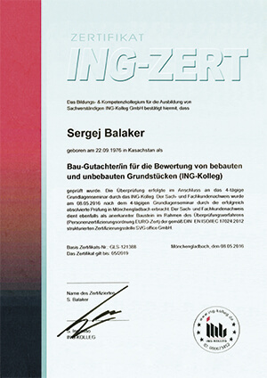 Zertifikat Bau-Gutachter/in für die Bewertung von bebauten und unbebauten Grundstücken (ING-Kolleg) Sergej Balakir