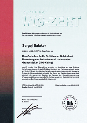 Zertifikat Bau-Gutachter/in für Schäden an Gebäuden / Bewertung von bebauten und unbebauten Grundstücken (ING-Kolleg) Sergej Balakir