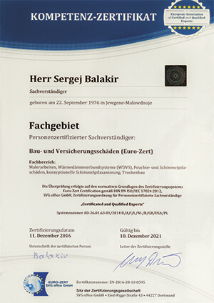 Zertifikat Personenzertifizierter Sachverständiger für Bau- und Versicherungsschäden (Euro-Zert) Sergej Balakir